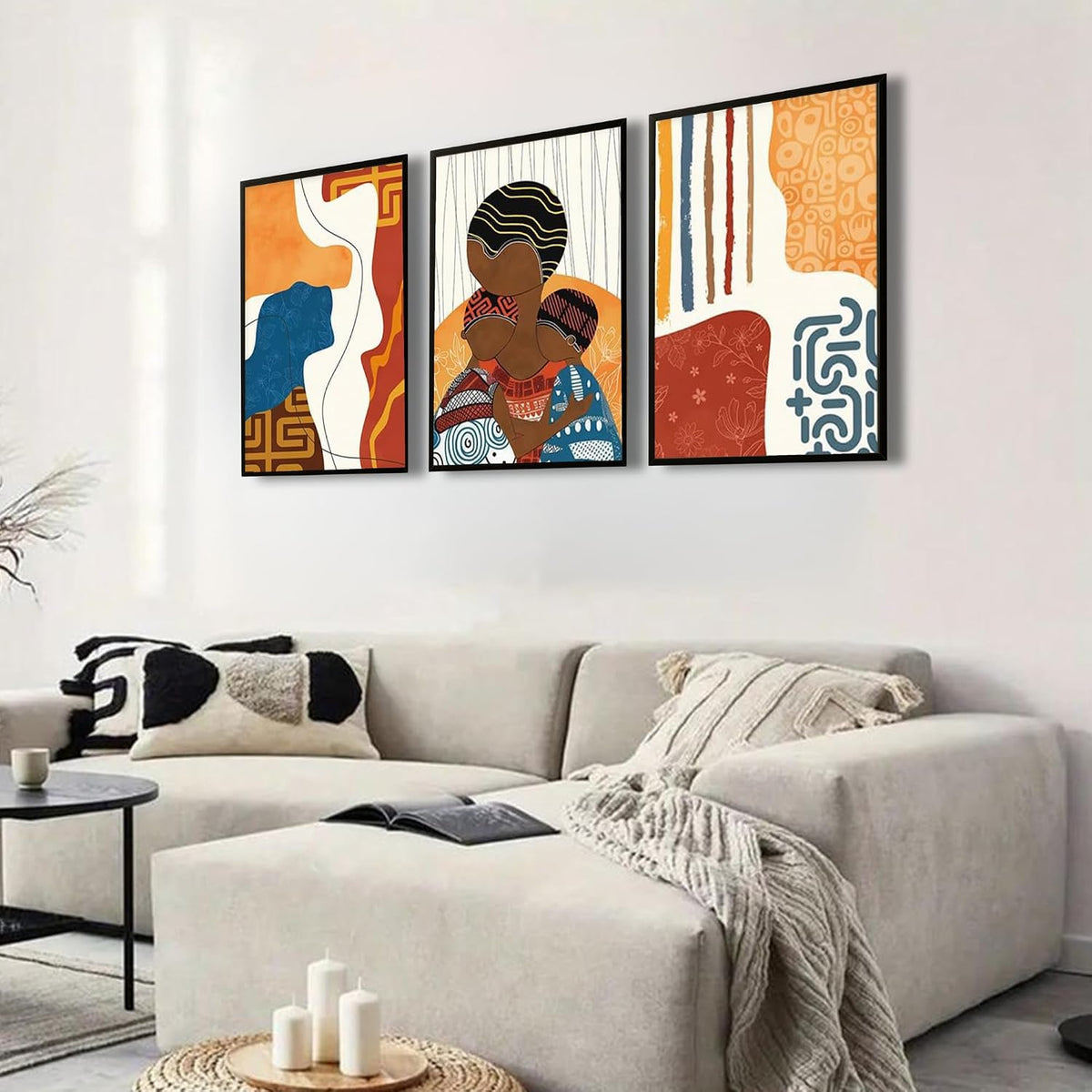Modern Abstract Madhubani Art Painting with Frame | UV Printed, Scratchless Sparkle Laminated | Paintings for Living Room, Home Decor, Bedroom, Office, Hall, Black Textured Frames, Set of 3