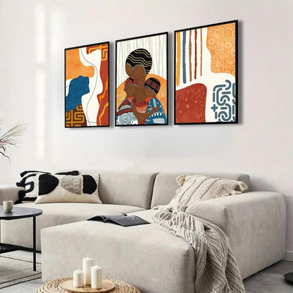 Modern Abstract Madhubani Art Painting with Frame | UV Printed, Scratchless Sparkle Laminated | Paintings for Living Room, Home Decor, Bedroom, Office, Hall, Black Textured Frames, Set of 3