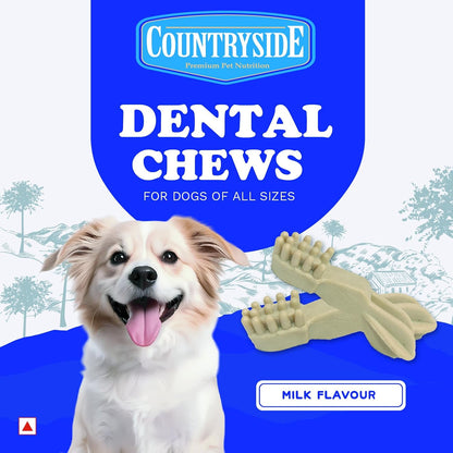 COUNTRYSIDE Dog Dental Chews Treats 250g – Milk Flavor | Brush-Shaped Chews for Dogs, Oral & Gum Care for Dogs | Fights Plaque & Tartar | Freshens Breath | Calcium Enriched & Gluten Free