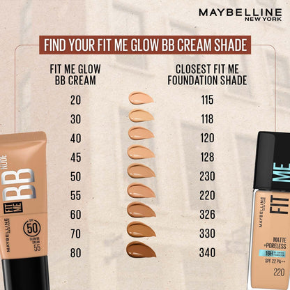 Maybelline, Fit Me, BB Cream, Glow BB Cream, SPF 50, Niacinamide, Hyaluronic Acid, Dewy Finish, Hydrating, Moisturizing, Normal Skin, Dry Skin, Face Makeup, Light Coverage, Shade 20, Adult, Tube Packaging, Glow Makeup, Daily Wear