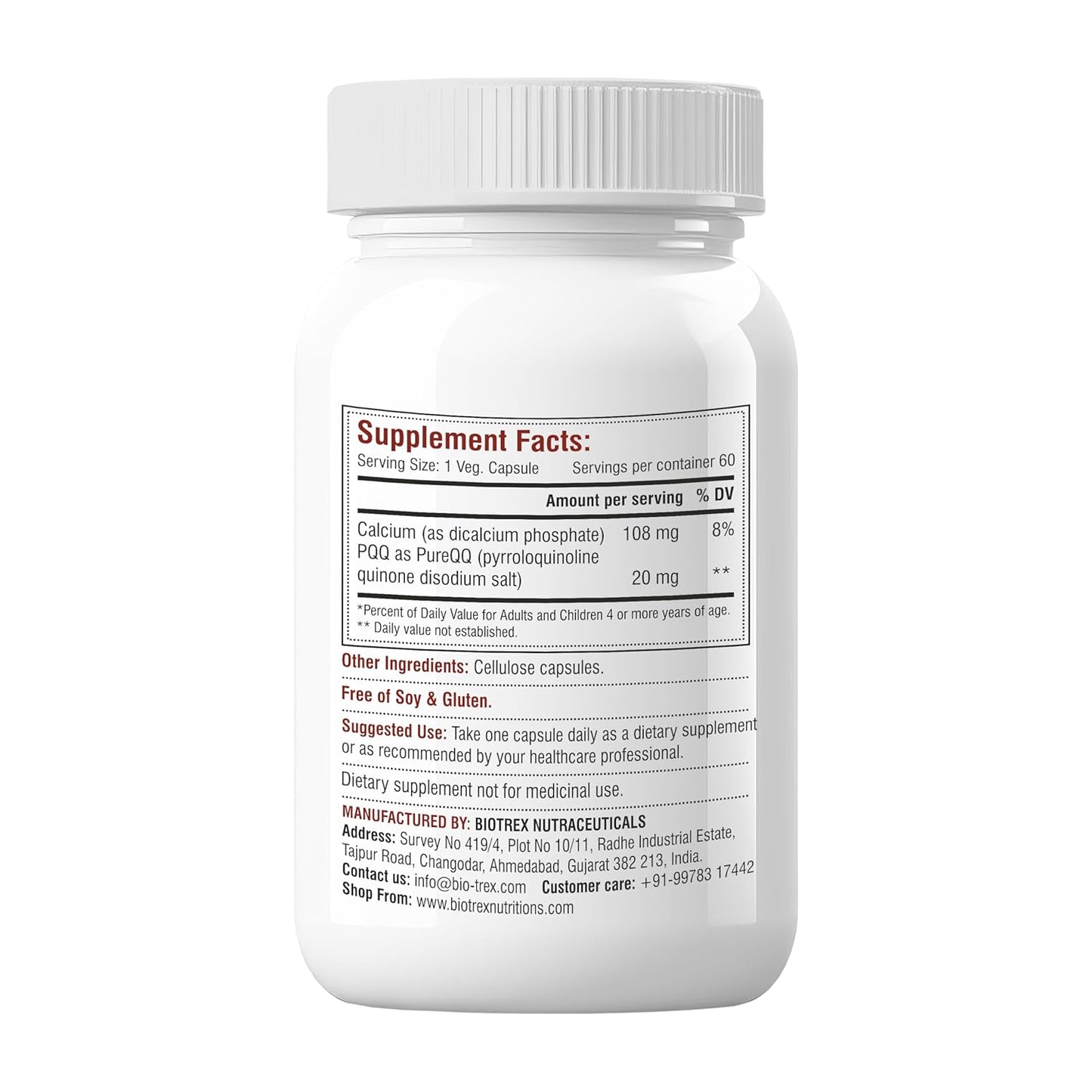 Biotrex Nutraceuticals Bio Pqq 20mg With Calcium Supplement - 60 Veg Capsules, pqq as (pyrroloquinoline Quinone disodium salt)