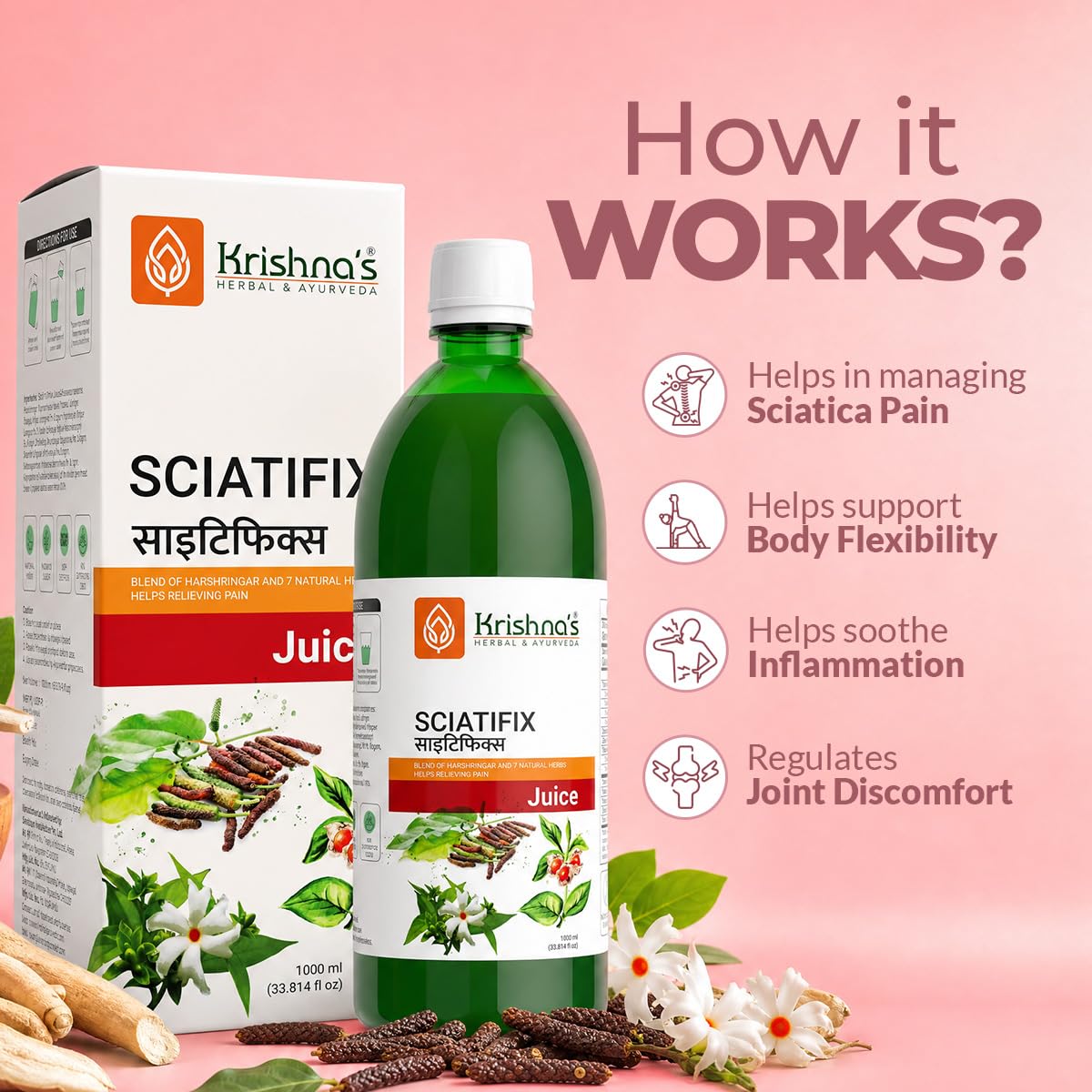 Krishna's Sciatifix Herbal Juice - Good source of calcium | Strengthens bones and muscles | 100% Organic Ingredients, No Artificial Colors & Gluten Free - 1000 ml (Pack of 1)