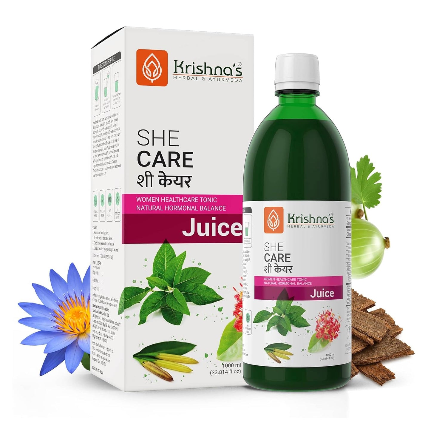 KRISHNA'S HERBAL & AYURVEDA Women's She Care Juice Infused With 5 Herbs for Hormonal Balance, PCOS, PCOD, Period Pain Relief, Hair & Skin Health, Clinically Proven - 1000 ml (Pack of 1)