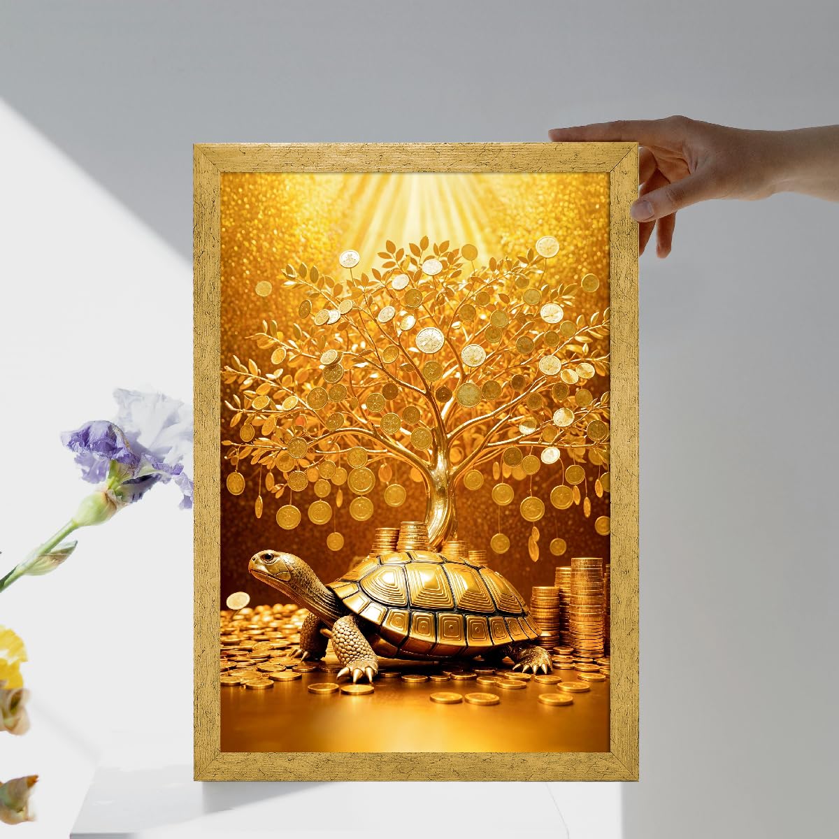 Money Tree Painting For Vastu, Golden Money Tree Frame For Wall, 12.0 x 18.0 inch, Multicolorm, Set of 1