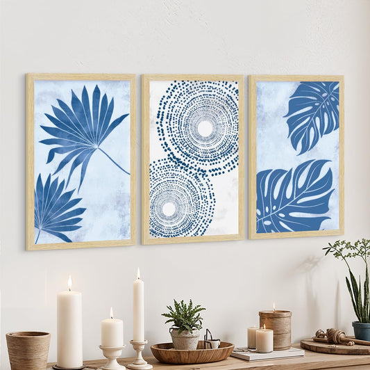 Boho Leaf Paintings For Wall Decoration, Abstract Home Decor Wall Art, Hotel Wall Painting for Living Room, Multicolor, Natural Wood Color Frames, 12.0x18.0 inch, Set of 3