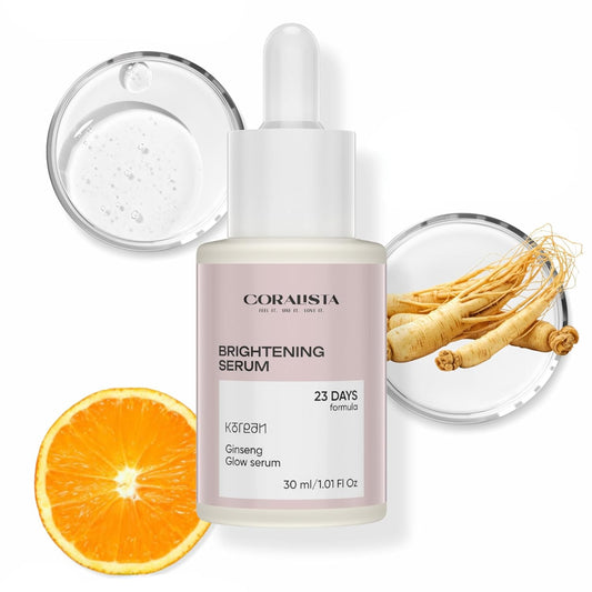 Coradista brightening serum with ingredients on a white background