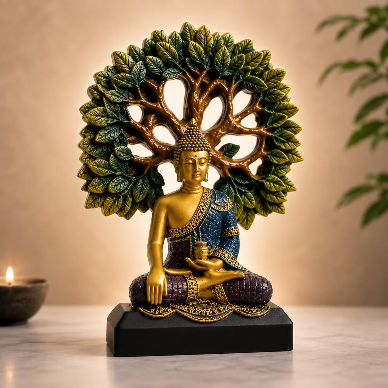 eCraftIndia Lord Buddha Statue for Home Decor Living Room | Gautam Buddha Idol Under the Bodhi-Tree | Showpiece Gift for Housewarming Birthday