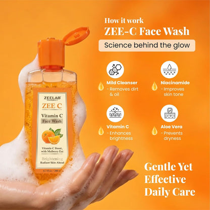 ZEE-C Face Wash bottle with hand holding it on an orange background