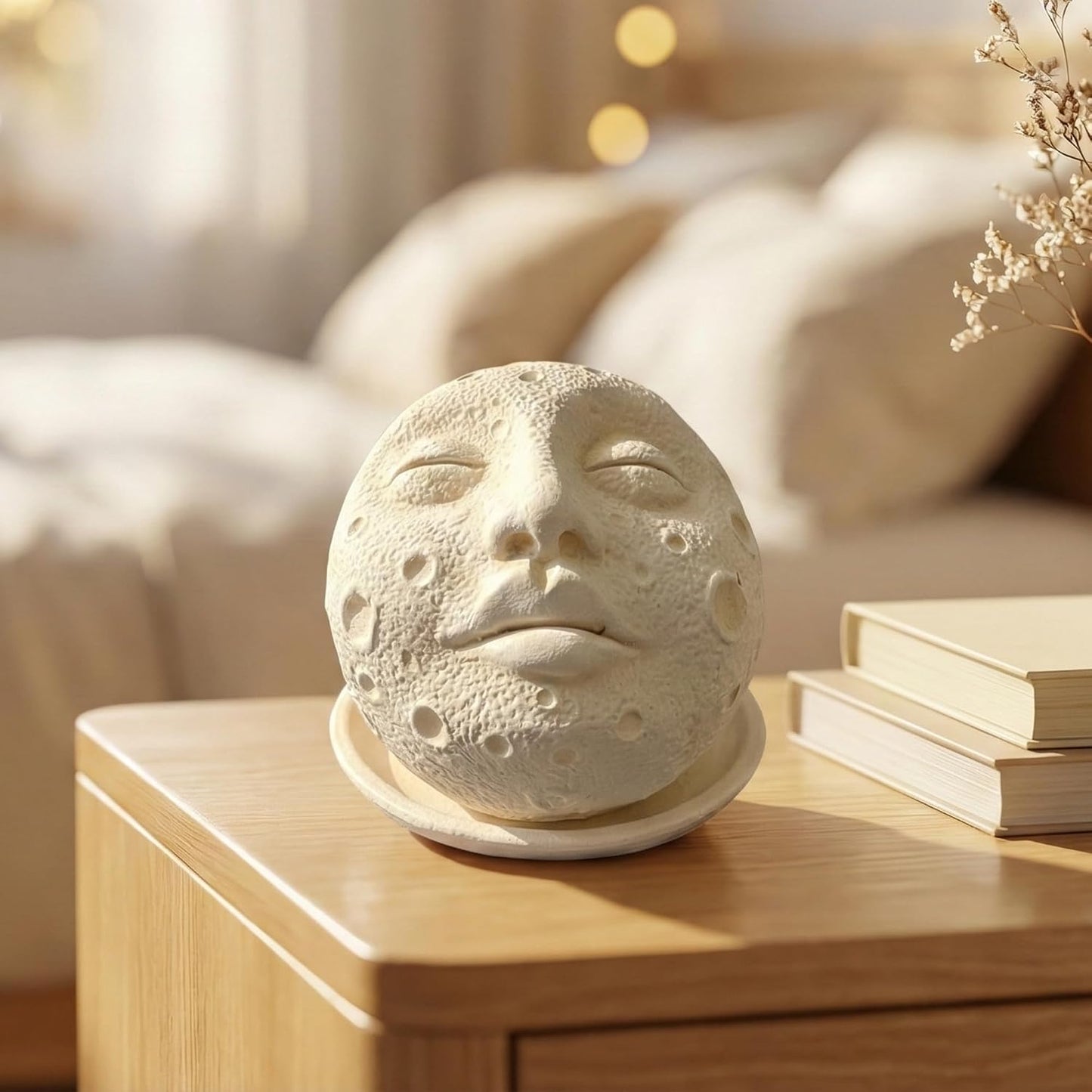 eCraftIndia White Ceramic Moon Face Decorative Incense Holder Showpiece for Home Decor Living Room Bedroom Office Desk Gift
