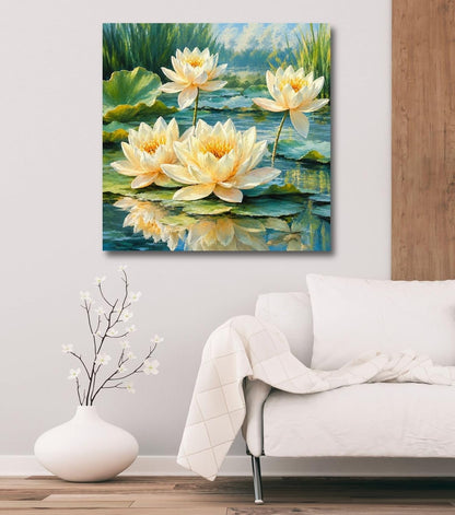 Lotus Flower Painting for Wall Vastu (15+ DESIGNS) Framed Lotus Canvas Painting for Living Room, Bedroom | Nature Floral Wall Art with Multiple Design Variations (Yellow White Lotus, 18x18 Inch, Framed)