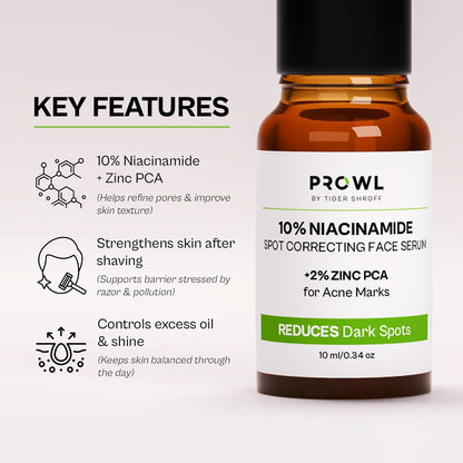 PROWL by Tiger Shroff 10% Niacinamide Serum with 2% Zinc PCA for Oily & Acne Prone Skin | Reduces Dark Spots, Pigmentation & Controls Oil for Men | Face Care Serums for All Combination Skin | 10ml