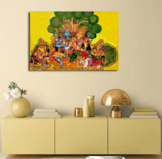 Kerala Mural Canvas Painting | Lord Shiva Parivar | Traditional Indian Religious Wall Art for Puja Room, Temple & Home Decor 23X15 Inches Unframed.