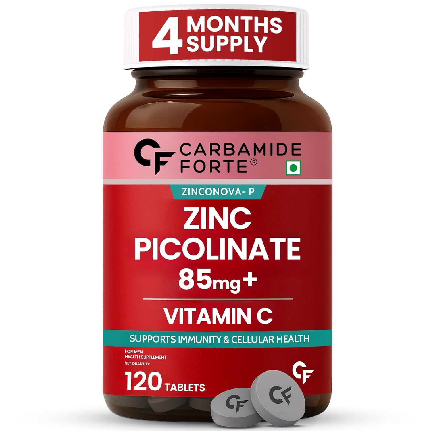 Carbamide Forte Zinc Picolinate supplement bottle with red label on a white background