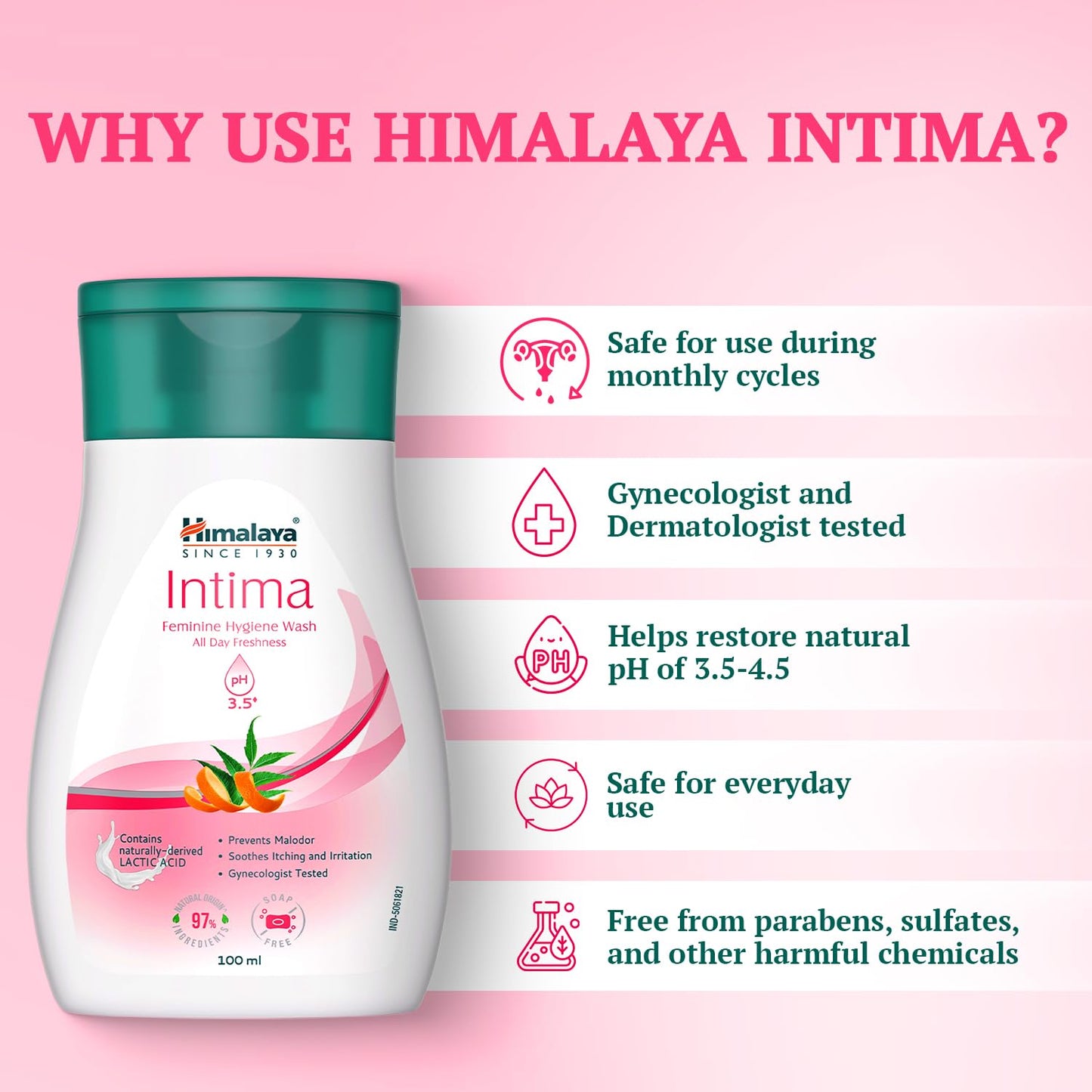 Himalaya Intima feminine hygiene wash bottle with features on a pink background