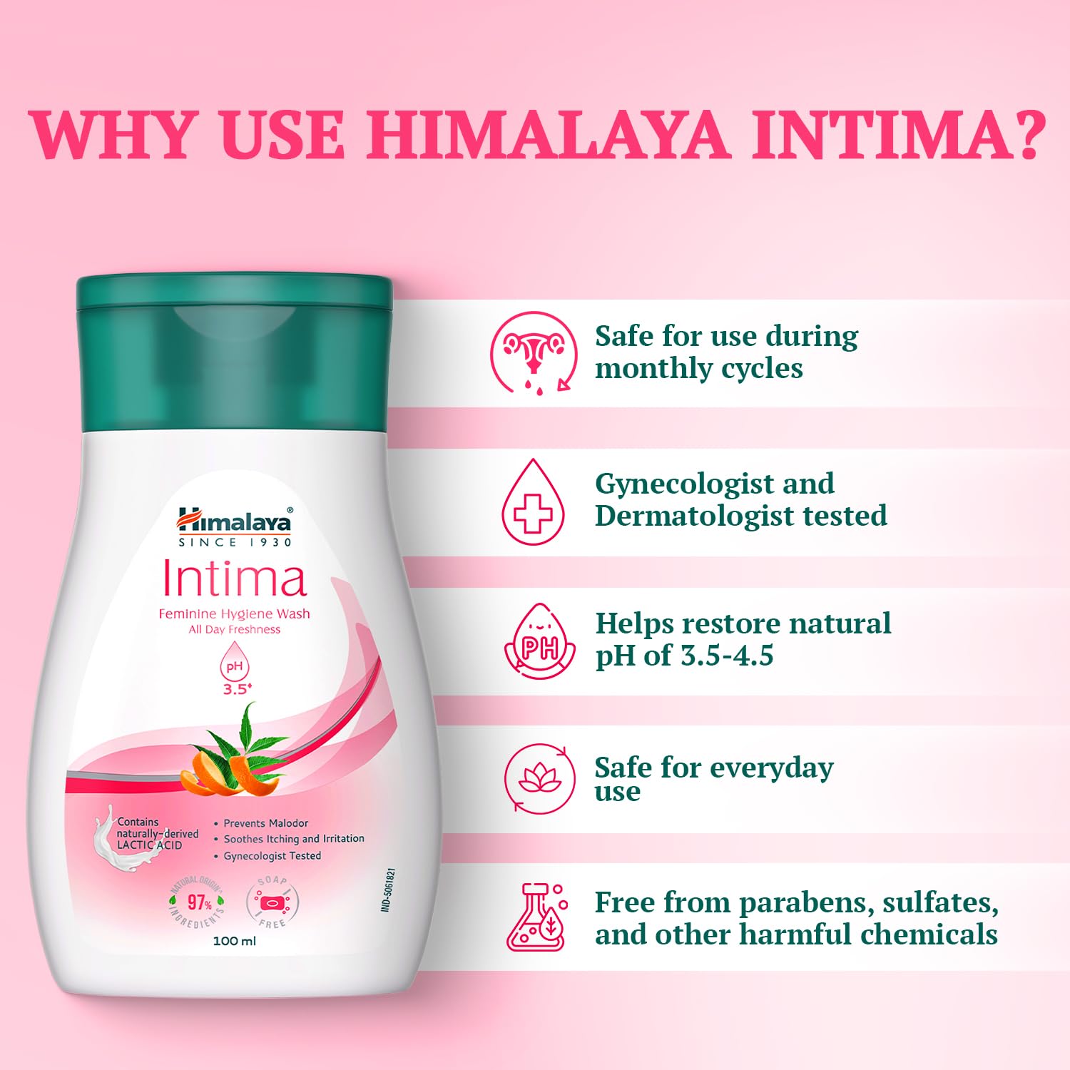 Himalaya Intima feminine hygiene wash bottle with features on a pink background