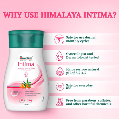 Himalaya Intima feminine hygiene wash bottle with features on a pink background