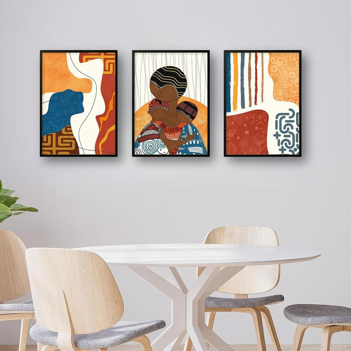 Modern Abstract Madhubani Art Painting with Frame | UV Printed, Scratchless Sparkle Laminated | Paintings for Living Room, Home Decor, Bedroom, Office, Hall, Black Textured Frames, Set of 3