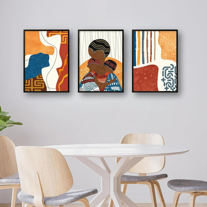 Modern Abstract Madhubani Art Painting with Frame | UV Printed, Scratchless Sparkle Laminated | Paintings for Living Room, Home Decor, Bedroom, Office, Hall, Black Textured Frames, Set of 3