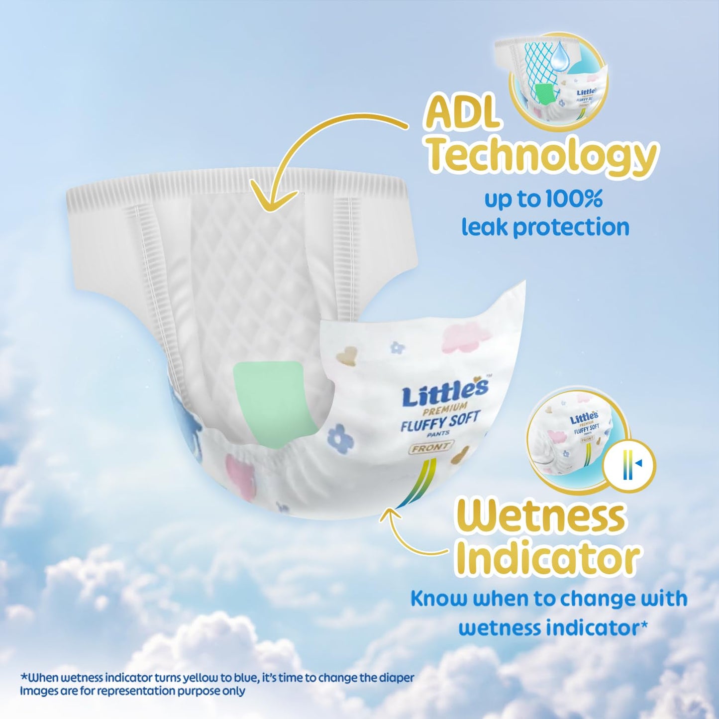 Little's Premium Baby Diapers XL Size (Extra Large) Pants Style | 12-17 kg | 54 Count | Super Jumbo FluffySoft Baby Diaper with Leakage Guard, Wetness Indicator & 12 Hours Absorption