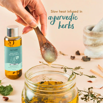 Nat Habit Winter Baby Hair Oil for Kids 0-5 Years | Ayurvedic Hair Oil for Baby with Brahmi, Matsyakshi & Dasabuti | Hair Growth Oil with Desi Ghee & Cold Pressed Oils | Cools Body, Aids Sleep, 110ml