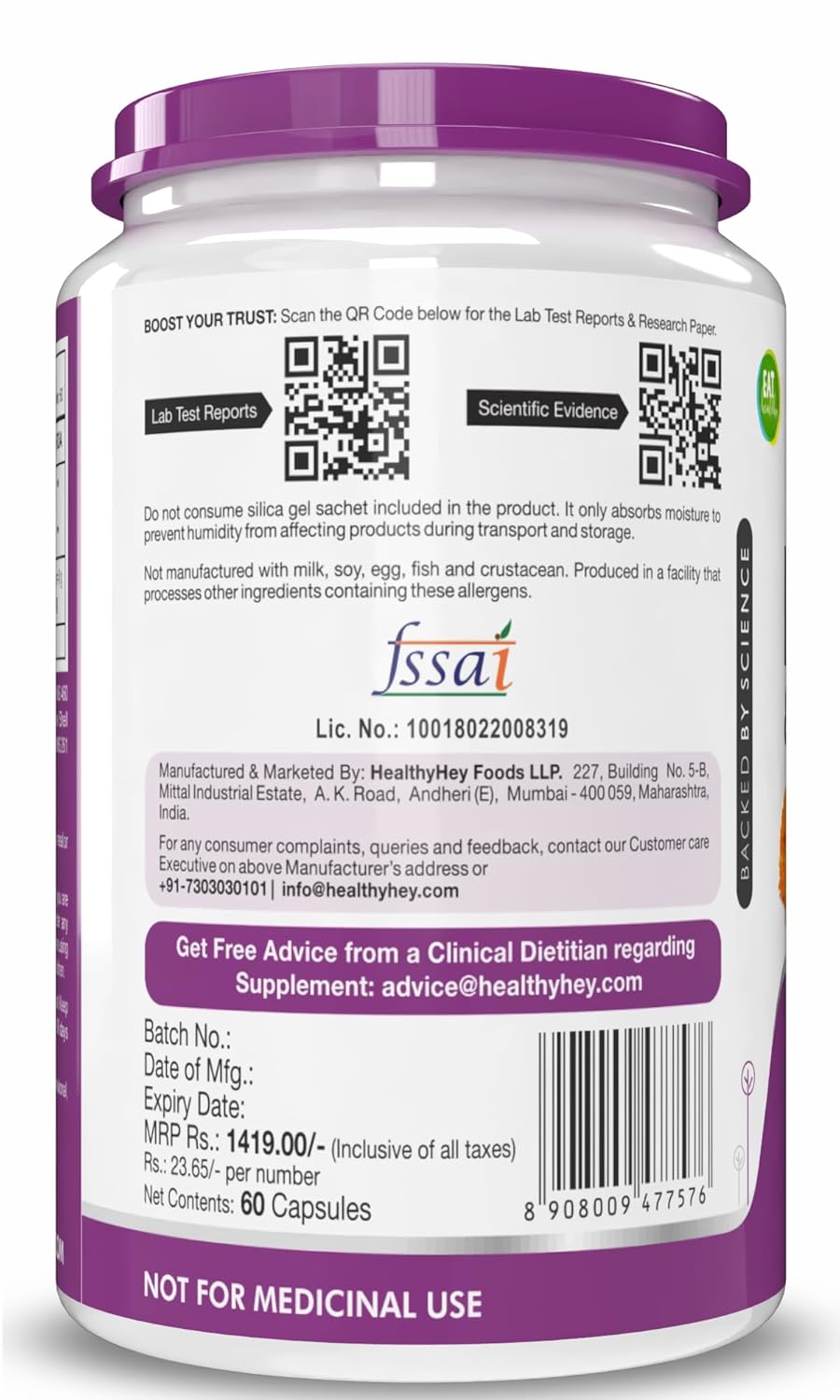 Supplement container with purple label and text on a white background