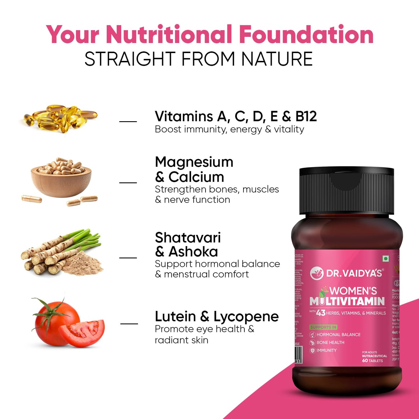 Dr. Vaidya’s Multivitamin for Women | Natural Multivitamin Enriched with Ayurvedic Herbs like Shatavari | Goodness of Calcium and Vitamin D3 tablets, Magnesium supplement, Vitamin B12 supplements & Herbal Extracts | (60 tablets) Pack of 1