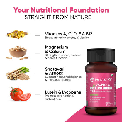 Dr. Vaidya’s Multivitamin for Women | Natural Multivitamin Enriched with Ayurvedic Herbs like Shatavari | Goodness of Calcium and Vitamin D3 tablets, Magnesium supplement, Vitamin B12 supplements & Herbal Extracts | (60 tablets) Pack of 1