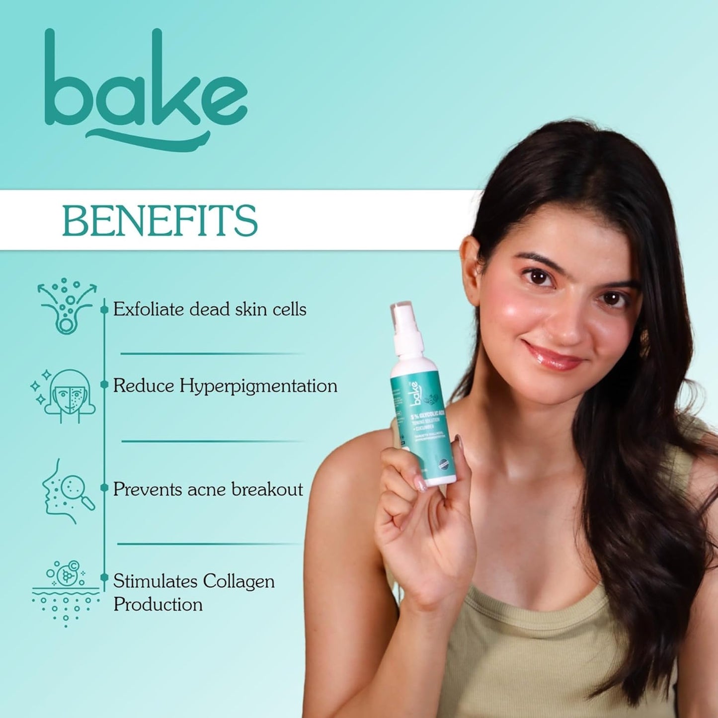 BAKE 5% Glycolic Acid Toner with Hyaluronic Acid for Pigmentation, Tan Removal & Pore Tightening | For Combination skin, Oily, Acne Prone skin | Glowing & Brightening Skin | 100ml
