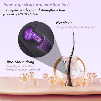 Advertisement for Hyaplex hair technology showing a hair strand with a purple molecular structure and moisturizing elements.
