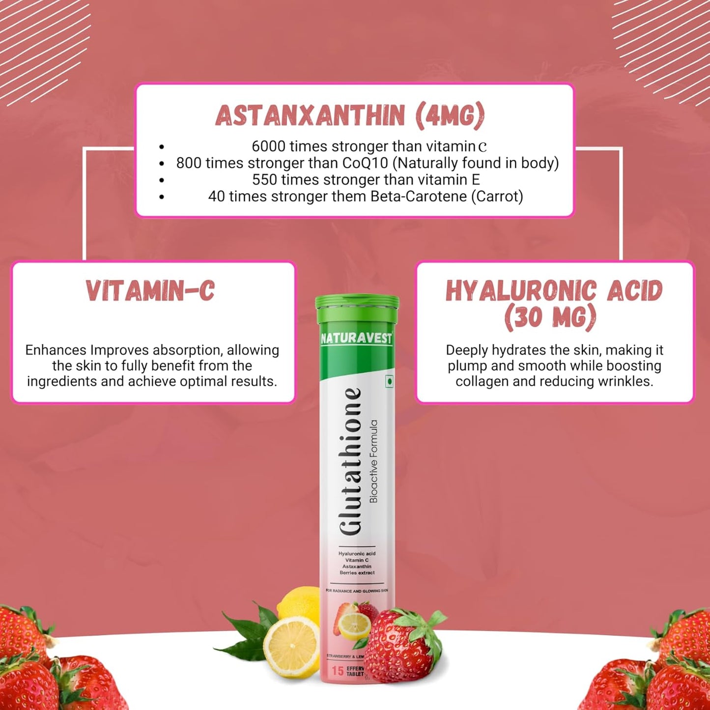 Naturavest Glutathione 600 mg for skin whitening, For Pigmentations and Glowing Skin Powerhouse of Antioxidants with Bioactive Formula, (Strawberry & Lemon flavour) (15 tablets)