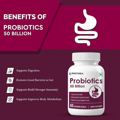 Biotrex Nutraceuticals Probiotics 50 Billion With 150mg Prebiotics Supplement For Gut Health - 60 Capsules