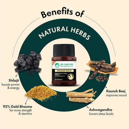 Dr. Vaidya’s Shilajit Gold Capsules for Men | Pure Himalayan Shuddha Shilajit, Ashwagandha, Swarna Bhasma, Gokshura & Fulvic Acid | Boosts Strength, Stamina, Energy & Vitality | 30 Capsules
