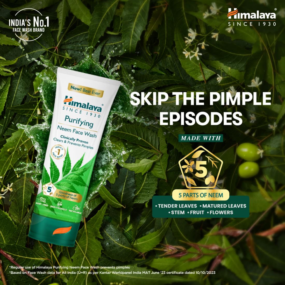 Himalaya Purifying Neem Face Wash tube on green leaves with branding and product details.
