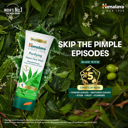 Himalaya Purifying Neem Face Wash tube on green leaves with branding and product details.