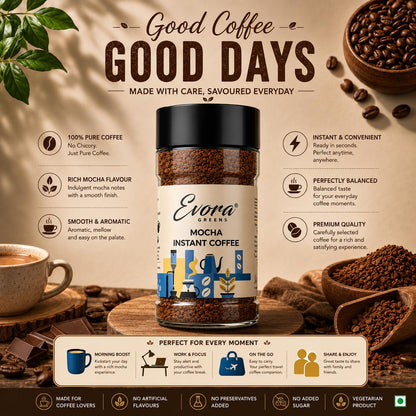 EVORA Greens 100gm Instant Coffee Powder | Mocha Flavour | Coffee with Arabica & Robusta Blend - Medium Roast | Make Café Style Hot or Cold Coffee, black Coffee, Cappuccino, Latte at Home | Make 50 Cups