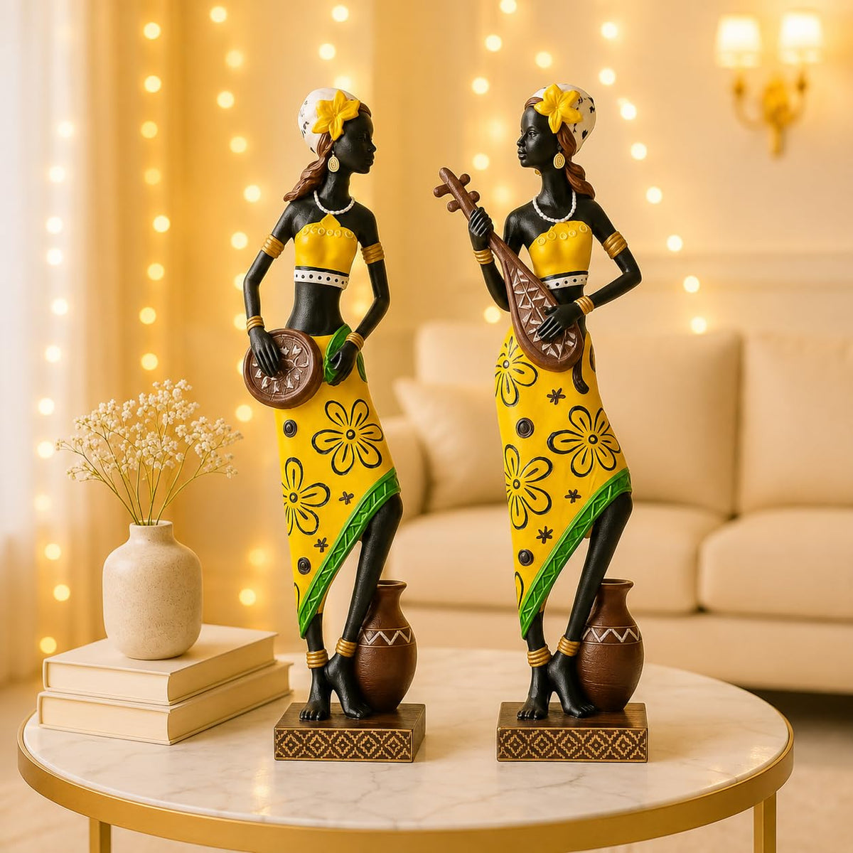 Resin African Girl with Musical Instruments| Captivating Home Décor - (Pack of 2, Yellow & Black- Model 1, Large)