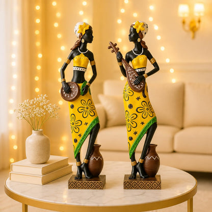 Resin African Girl with Musical Instruments| Captivating Home Décor - (Pack of 2, Yellow & Black- Model 1, Large)