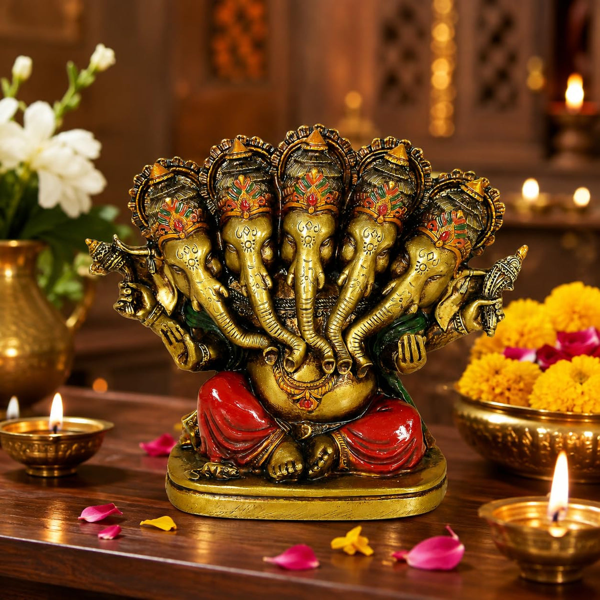 Panchmukhi Ganesha Idol, 5 Face Ganpati Murti Statue for Home Decor, Pooja Room, Home Temple, Living Room, Office & Festive Decoration