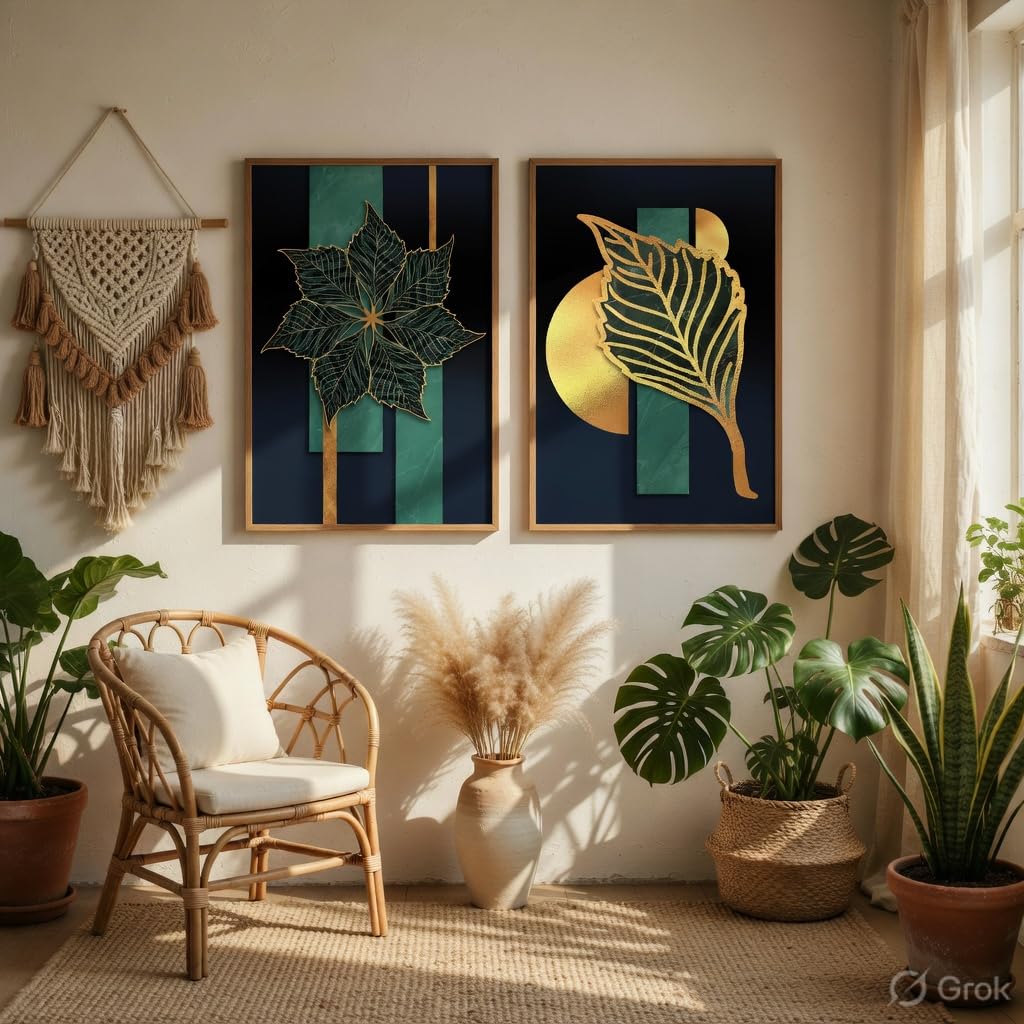 Golden Leaf Wall Painting Set of 2 with Wooden Frames | Modern Botanical Leaf Artwork HD Sparkle Laminated MDF Wall Decor | Luxury Abstract Leaf Wall Art for Living Room