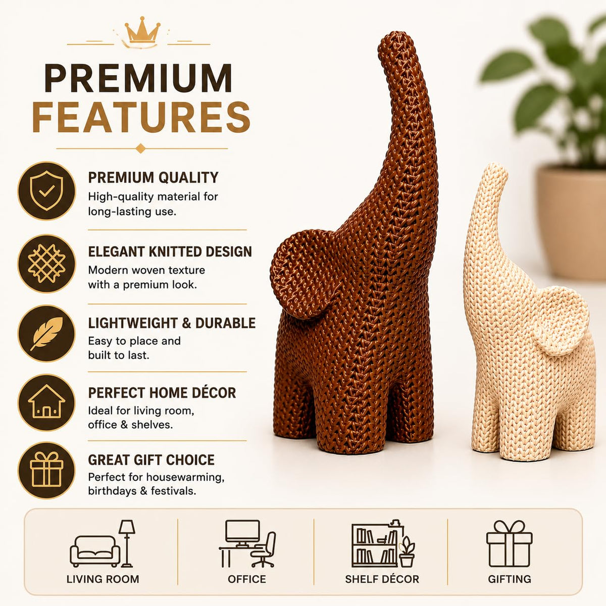 Nordic Knitted Elephant Figurine Set of 2 | Home Decor Showpiece