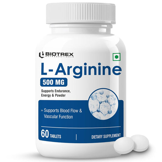 Biotrex Nutraceuticals L-Arginine 500mg Supplement | Nitric Oxide Booster & Muscle Growth | Blood Flow & Heart Health | Pre Workout | Non-GMO | 60 Tablets