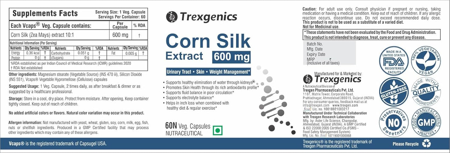 Trexegenics Corn Silk Extract supplement label with branding and certification logos.