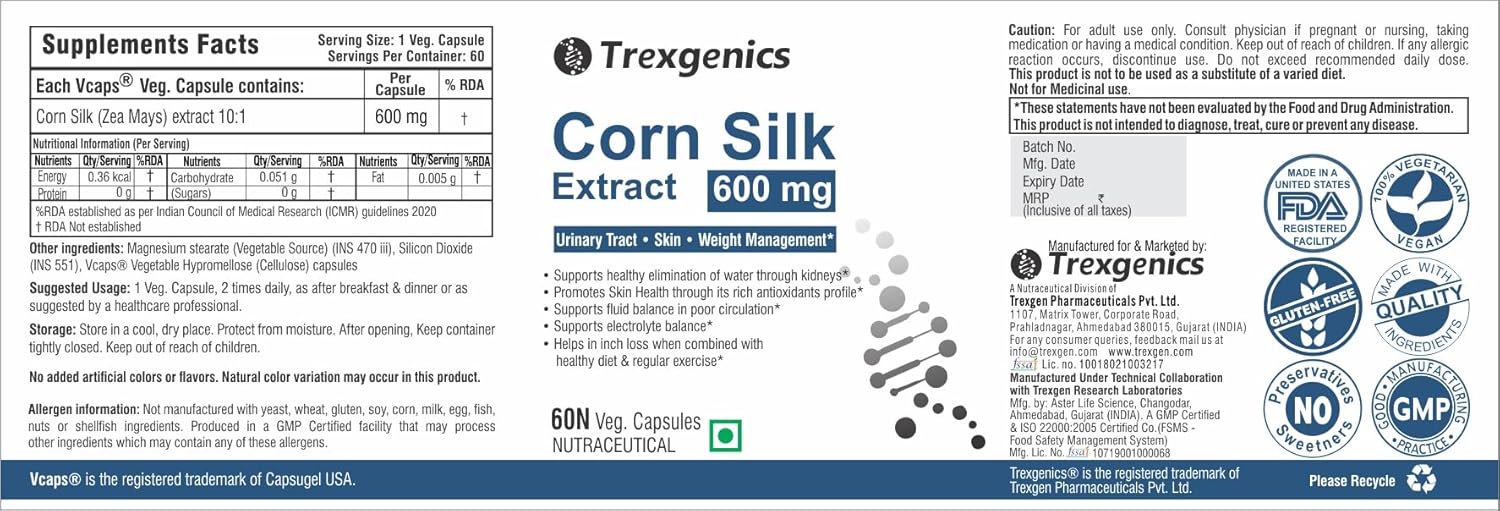 Trexegenics Corn Silk Extract supplement label with branding and certification logos.