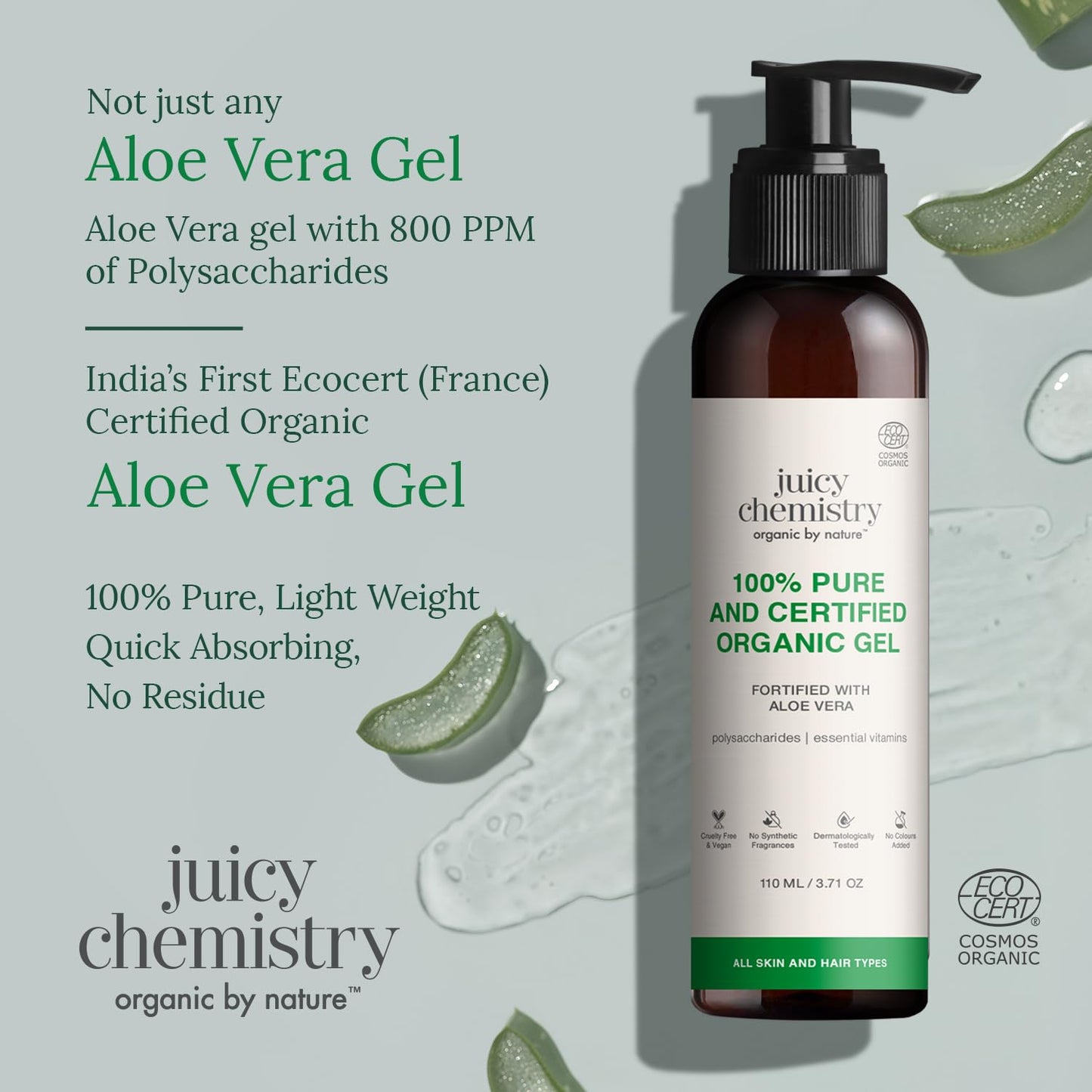 Juicy Chemistry Organic Aloe Vera Gel, 110 ml Multipurpose Gel | 100% Pure Aloe Vera Gel for Face, Hair & Body | Fresh and Soothing | Free from Parabens, Sulphates, Mineral Oils | For Men & Women