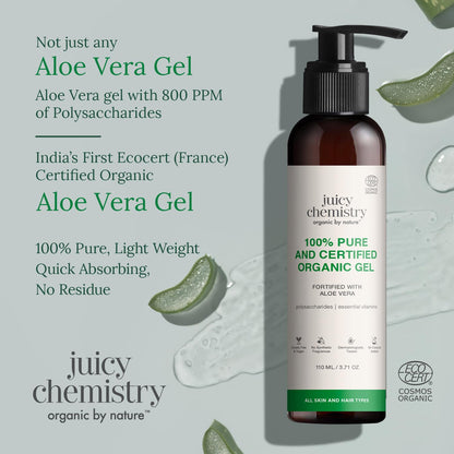 Juicy Chemistry Organic Aloe Vera Gel, 110 ml Multipurpose Gel | 100% Pure Aloe Vera Gel for Face, Hair & Body | Fresh and Soothing | Free from Parabens, Sulphates, Mineral Oils | For Men & Women