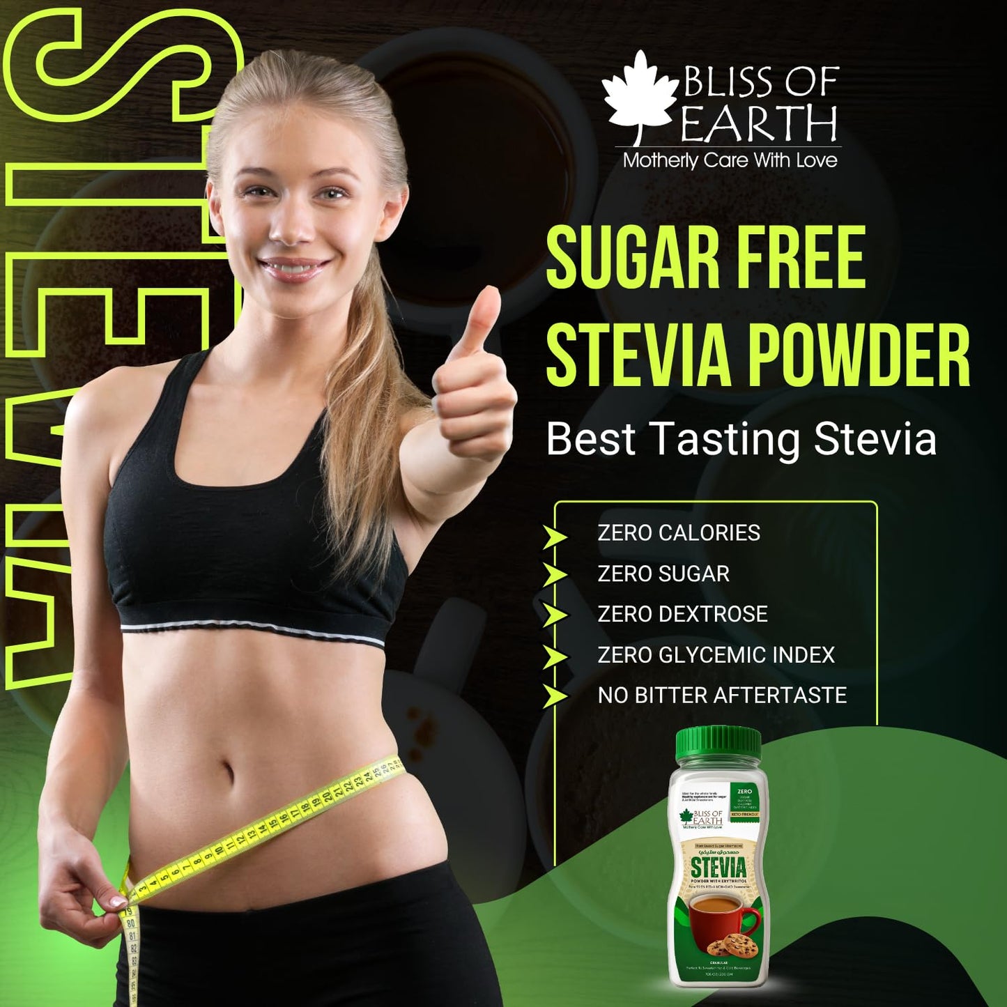 Bliss of Earth Stevia Powder, Organic Sugar Free Zero Calorie Sweetener Diabetic and Keto Friendly 99.8% Purity Vegetarian Gluten Free Quick Dissolve 200g Jar