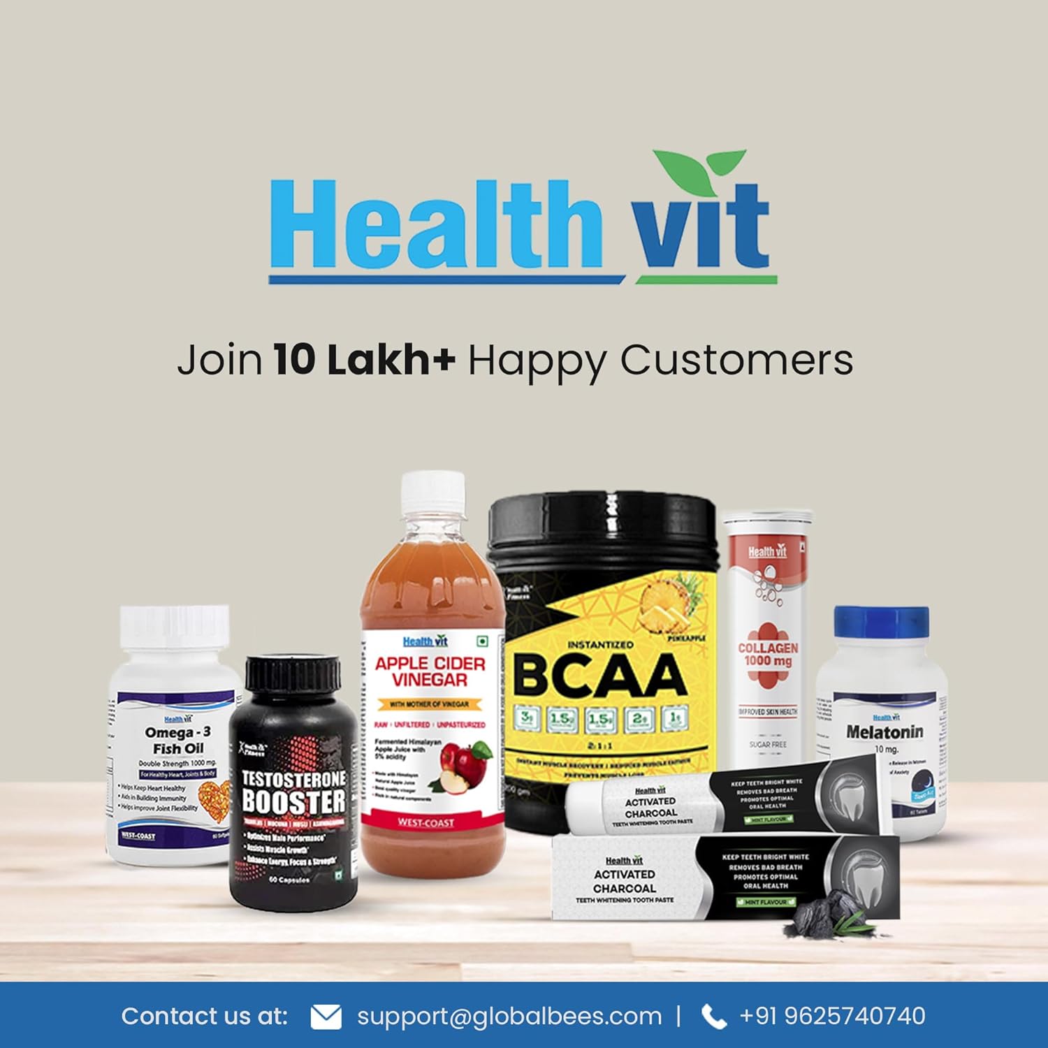Healthvit product display with various health supplements on a neutral background