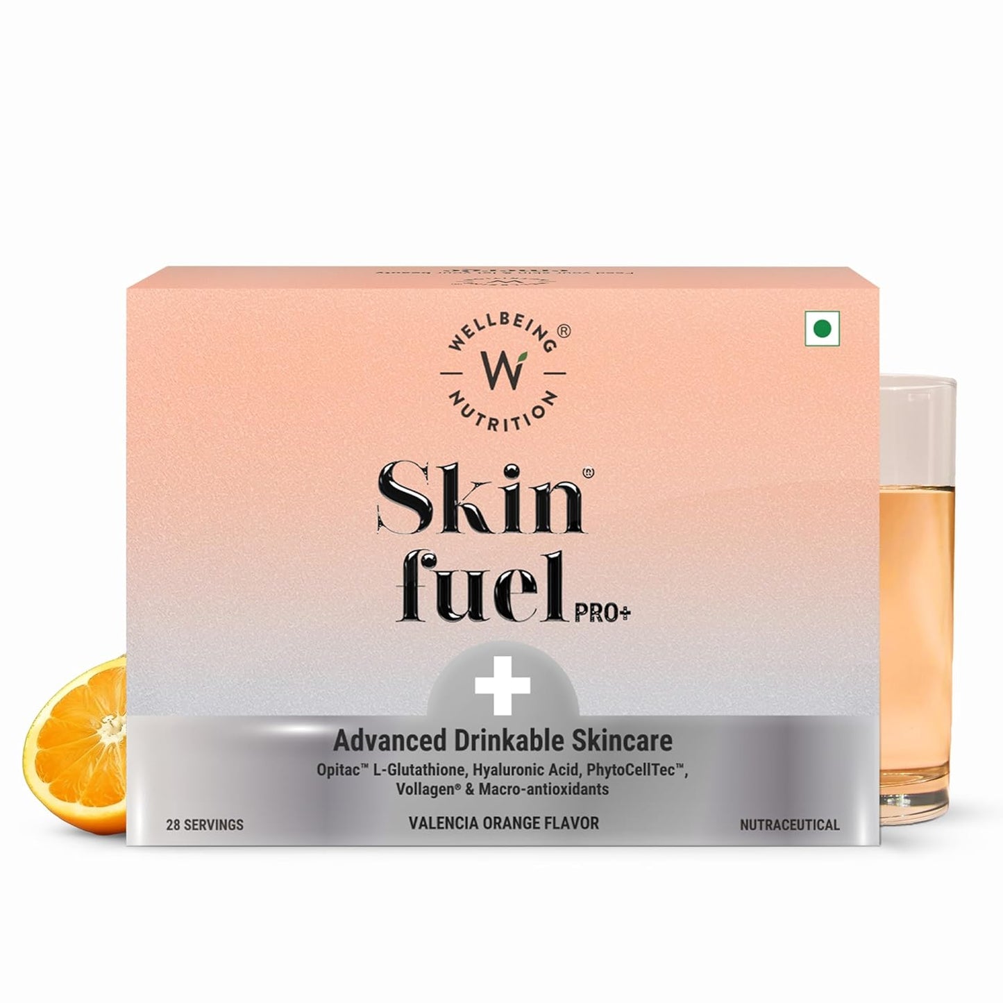 Wellbeing Nutrition Skin Fuel Pro+ | Glutathione, Vit C & E, CoQ10, Vollagen & PhytoCellTech | Reduced Pigmentation & Dark Spots, Brightens Skin Tone, Anti-aging | Valencia Orange Flavour, 28 Servings