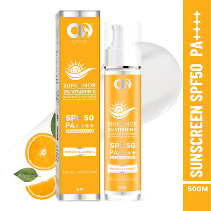 CO LUXURY 2% Vitamin C Sunscreen SPF 50 PA+++ | Water Resistant & Non-Greasy, Broad Spectrum Sunblock with Vitamin C, Zinc Oxide & Glycerine | Matte Finish, UVA/B Sun Protection for Women & Men | 50 gm