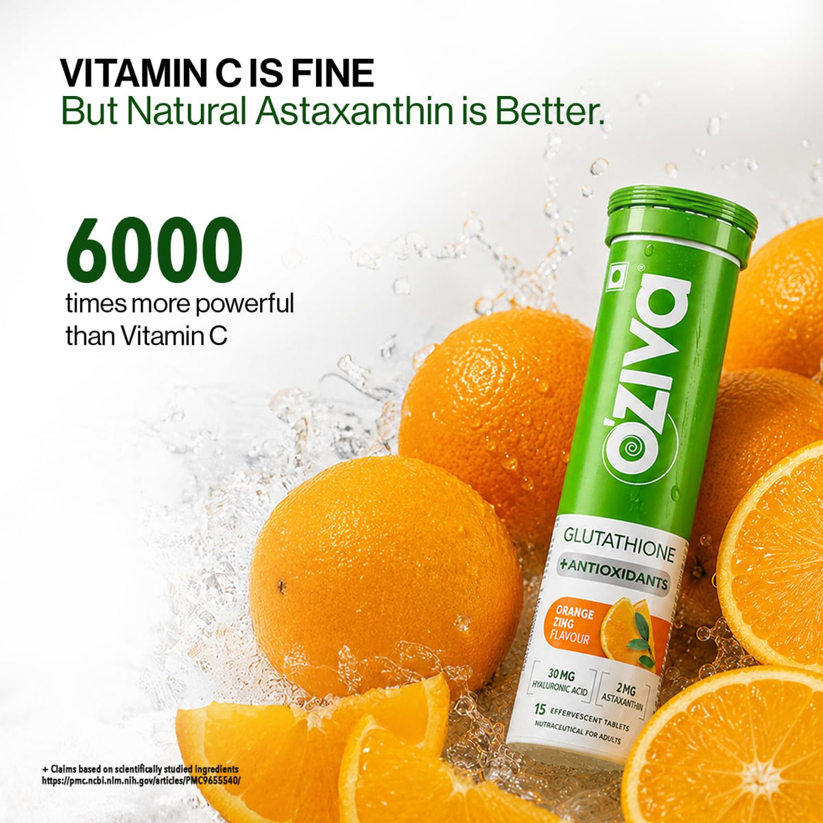 OZiva Bioactive Glutathione Tablets, Skin Glow, Vitamin C, Orange 15 Tabs Effervescent Tablets | L-Glutathione| Hyaluronic Acid | Lycopene| Vitamin C For Skin Glow & Anti-Pigmentation